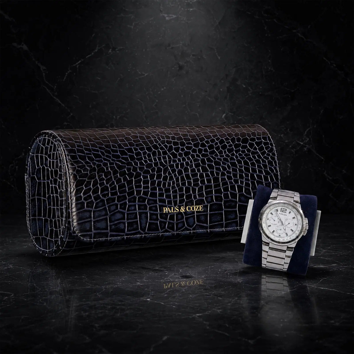 Watch Holder III - Premium Genuine Leather 3-Watch Travel Case - Crocodile Embossed Luxury Watch Organizer - Detachable Watch Holders & Cushions - Color: blue - Pals & Coze