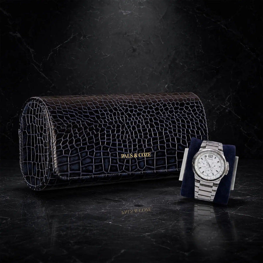 Watch Holder III - Premium Genuine Leather 3-Watch Travel Case - Crocodile Embossed Luxury Watch Organizer - Detachable Watch Holders & Cushions - Color: blue - Pals & Coze