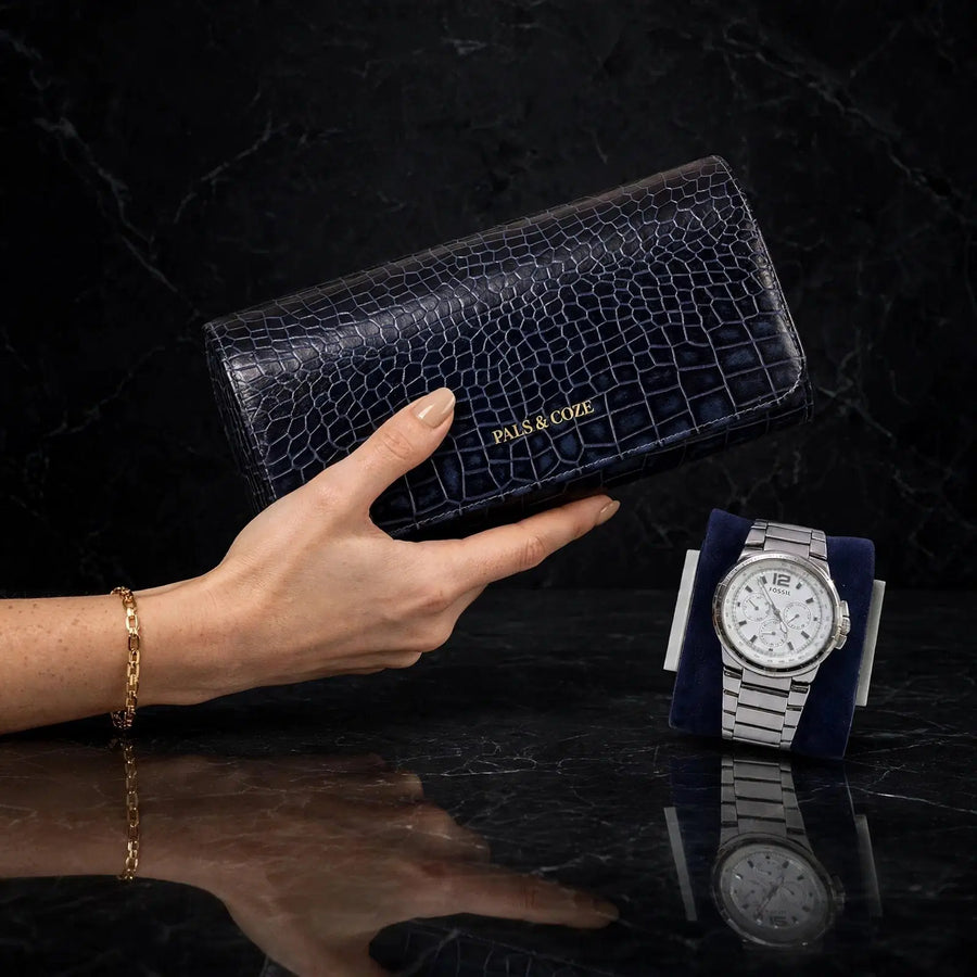 Watch Holder III - Premium Genuine Leather 3-Watch Travel Case - Crocodile Embossed Luxury Watch Organizer - Detachable Watch Holders & Cushions - Color: blue - Pals & Coze