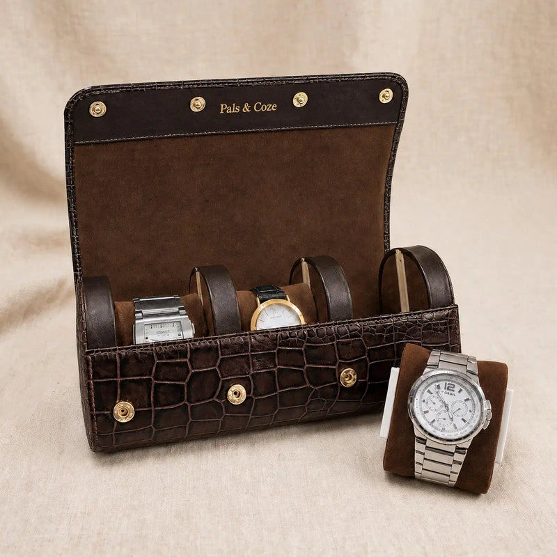 Watch Holder III - Premium Genuine Leather 3-Watch Travel Case - Crocodile Embossed Luxury Watch Organizer - Detachable Watch Holders & Cushions - Color: Brown - Pals & Coze