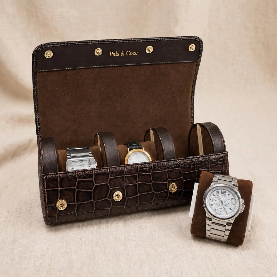 Watch Holder III - Premium Genuine Leather 3-Watch Travel Case - Crocodile Embossed Luxury Watch Organizer - Detachable Watch Holders & Cushions - Color: Brown - Pals & Coze
