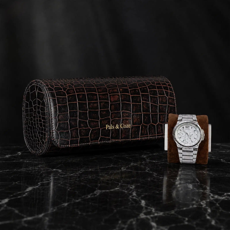 Watch Holder III - Premium Genuine Leather 3-Watch Travel Case - Crocodile Embossed Luxury Watch Organizer - Detachable Watch Holders & Cushions - Color: Brown - Pals & Coze