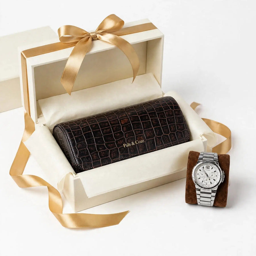 Watch Holder III - Premium Genuine Leather 3-Watch Travel Case - Crocodile Embossed Luxury Watch Organizer - Detachable Watch Holders & Cushions - Color: Brown - Pals & Coze