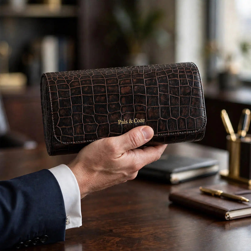 Watch Holder III - Premium Genuine Leather 3-Watch Travel Case - Crocodile Embossed Luxury Watch Organizer - Detachable Watch Holders & Cushions - Color: Brown - Pals & Coze