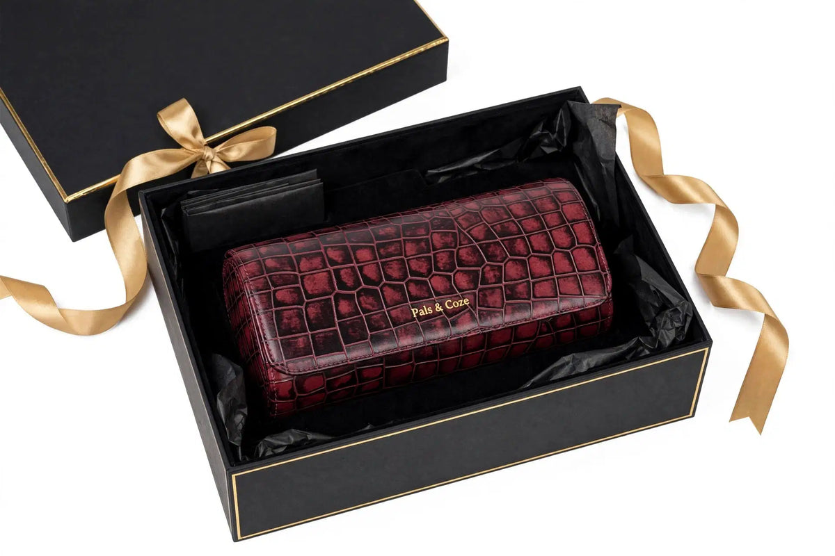 Watch Holder III - Premium Genuine Leather 3-Watch Travel Case - Crocodile Embossed Luxury Watch Organizer - Detachable Watch Holders & Cushions - Color: Cherry - Pals & Coze