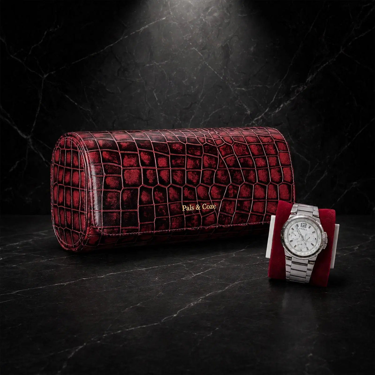 Watch Holder III - Premium Genuine Leather 3-Watch Travel Case - Crocodile Embossed Luxury Watch Organizer - Detachable Watch Holders & Cushions - Color: Cherry - Pals & Coze