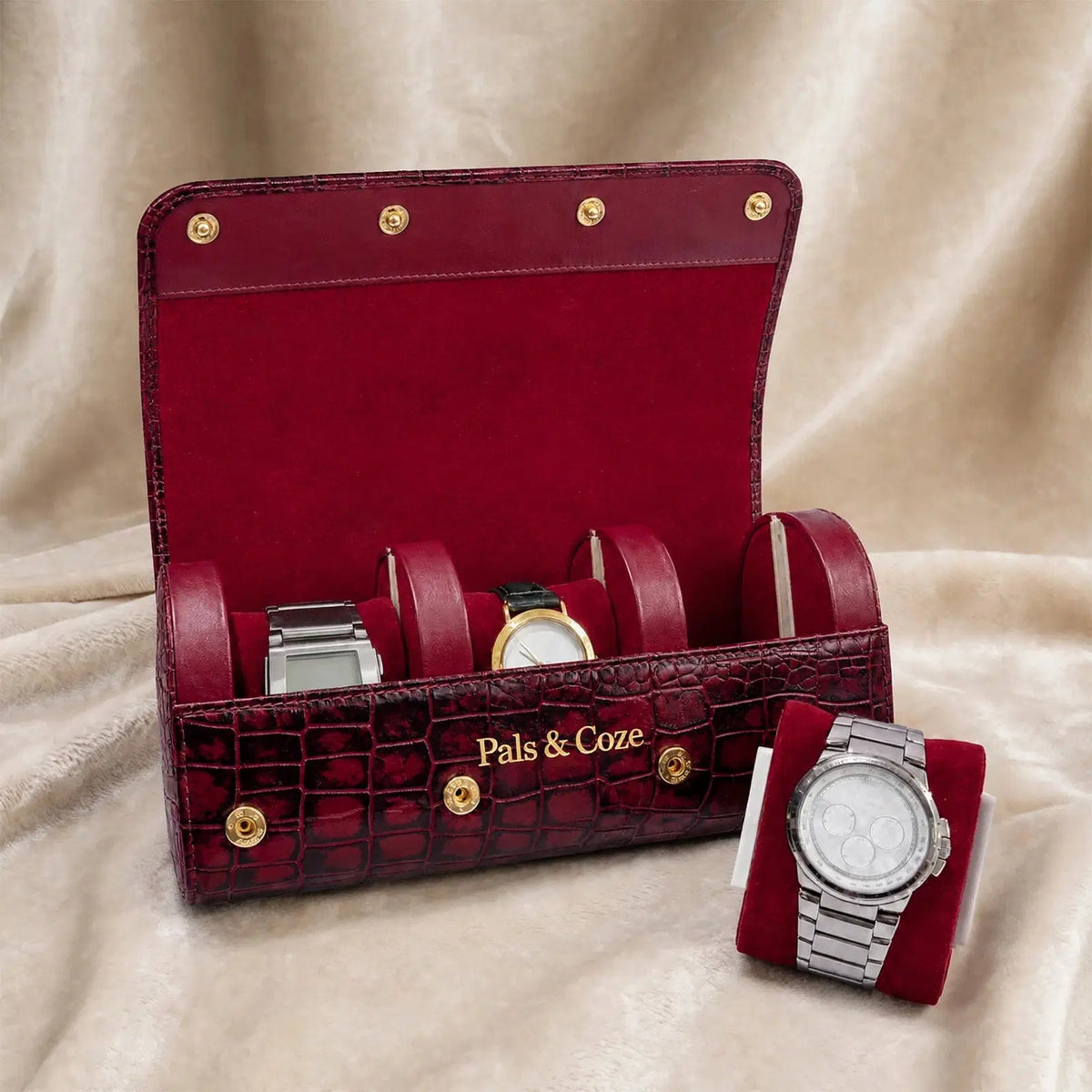 Watch Holder III - Premium Genuine Leather 3-Watch Travel Case - Crocodile Embossed Luxury Watch Organizer - Detachable Watch Holders & Cushions - Color: Cherry - Pals & Coze